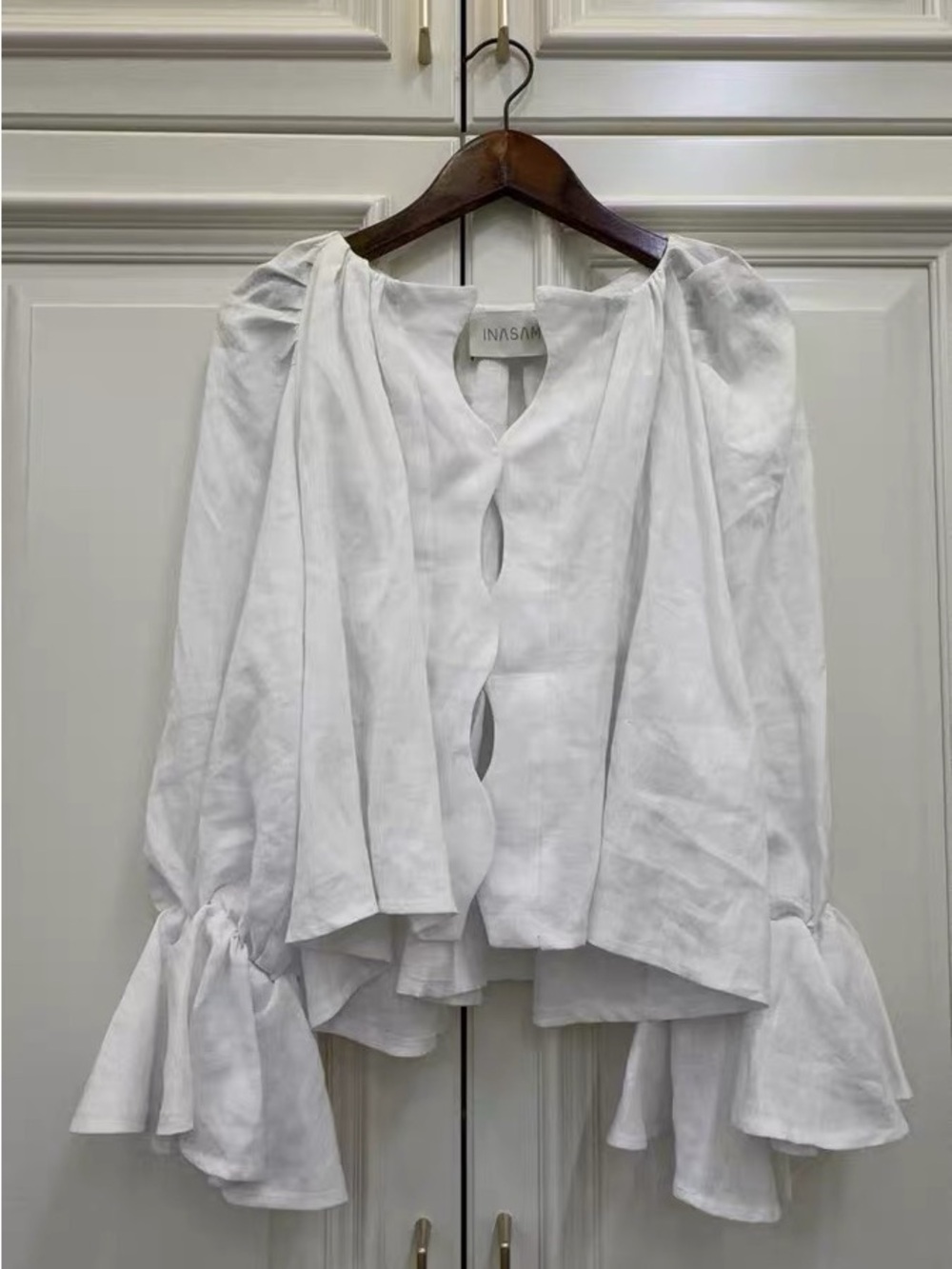 White Linen Bell Cuff Peasant Blouse